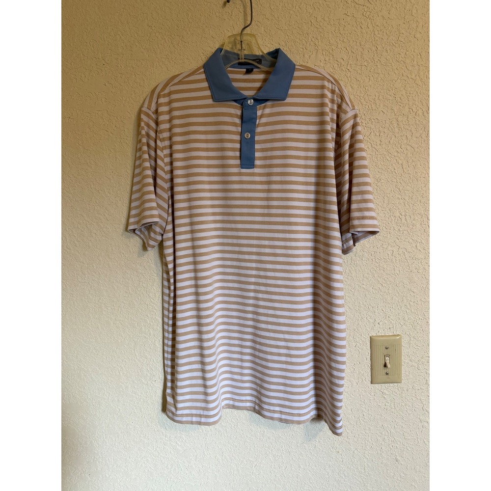 Peter Millar Crown Crafted Mens Medium Striped Golf Polo Tan Blue Tailored Fit